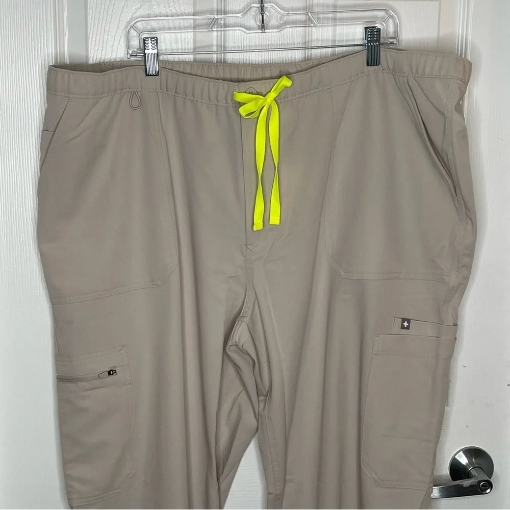 Figs Cairo Cargo Scrub Pants in Slate Gray with Neon Yellow Drawstring 5XLR
